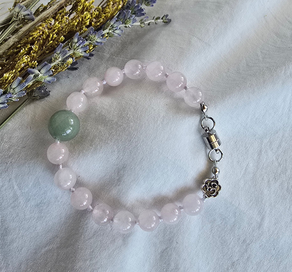 Hand-Knotted Rose Quartz & Green Aventurine Bracelet with Silver Om Charm