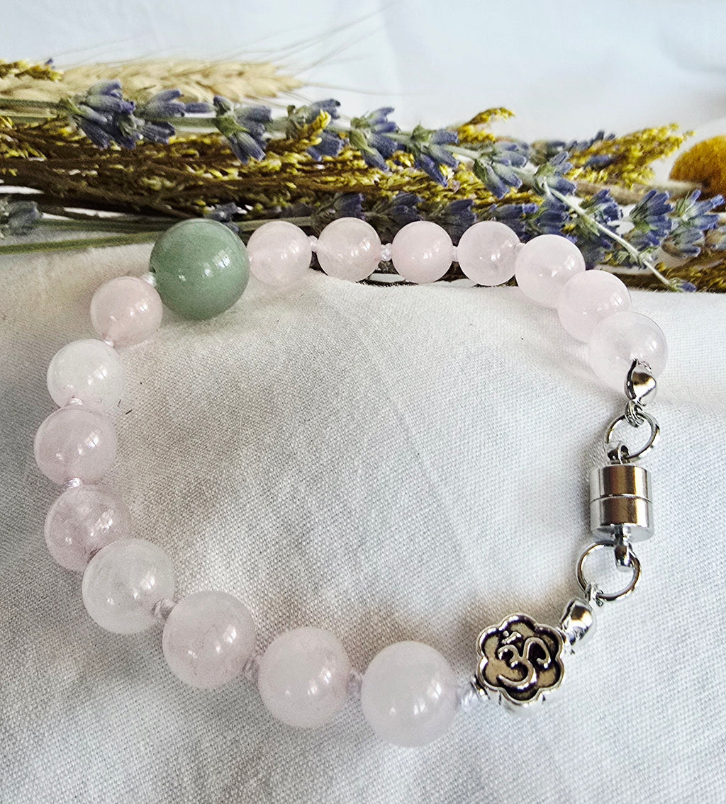 Hand-Knotted Rose Quartz & Green Aventurine Bracelet with Silver Om Charm