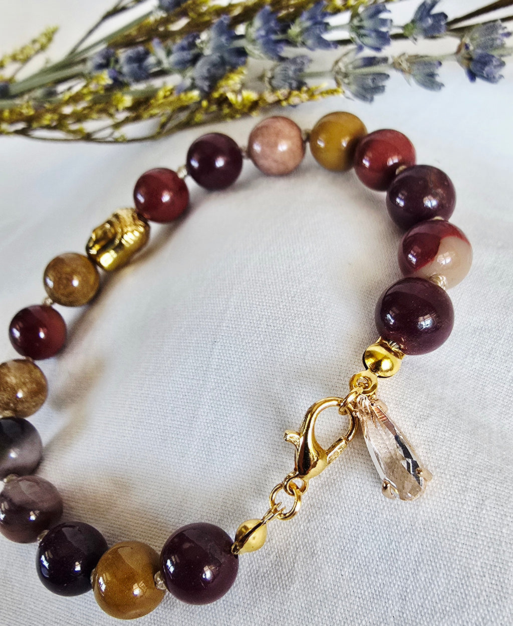 Hand-Knotted Mookaite Jasper Bracelet with Gold Buddha Charm