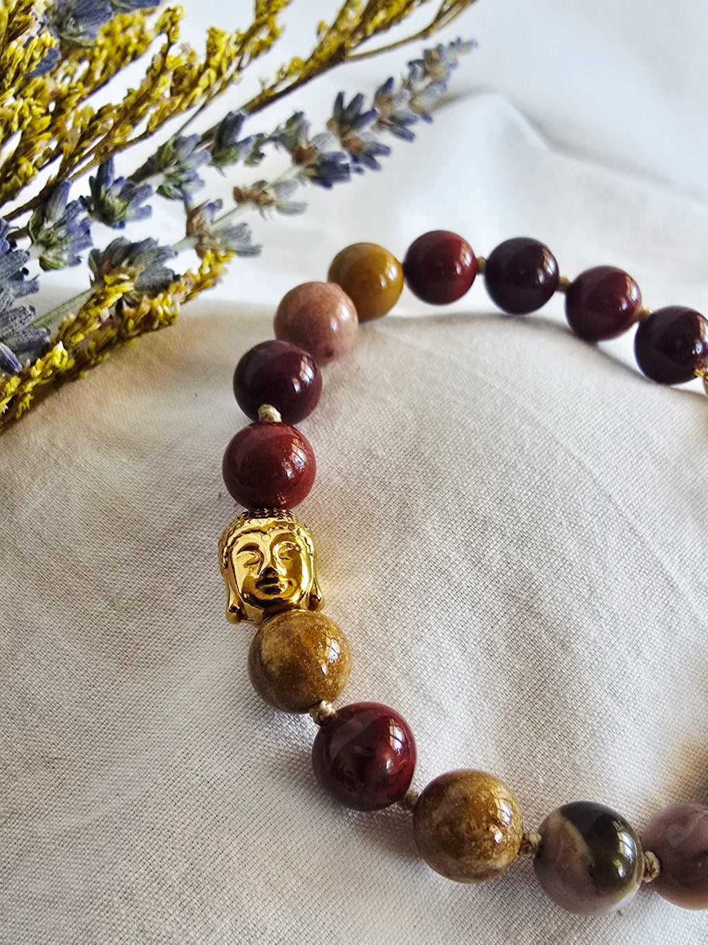 Hand-Knotted Mookaite Jasper Bracelet with Gold Buddha Charm