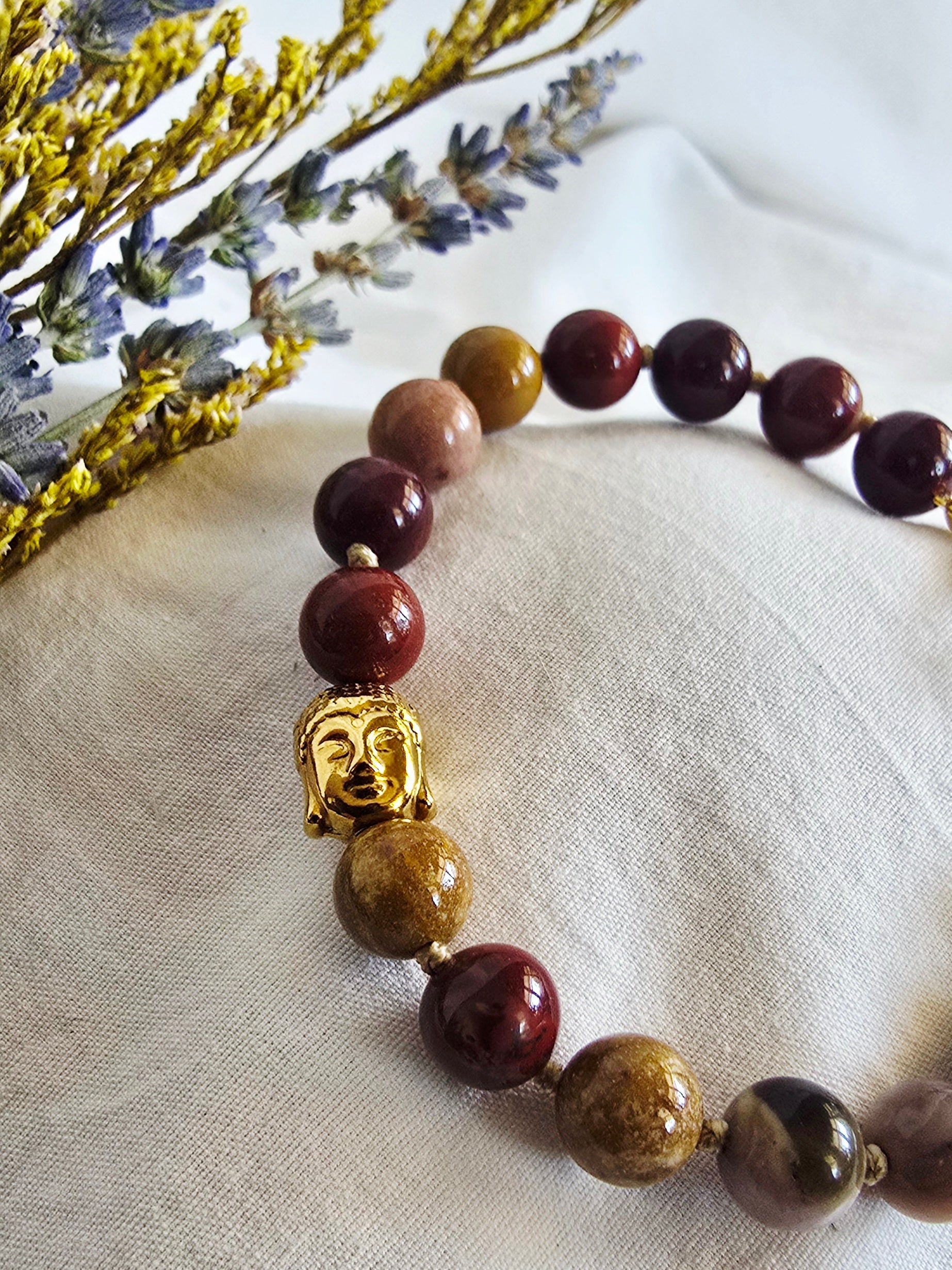 Hand-Knotted Mookaite Jasper Bracelet with Gold Buddha Charm