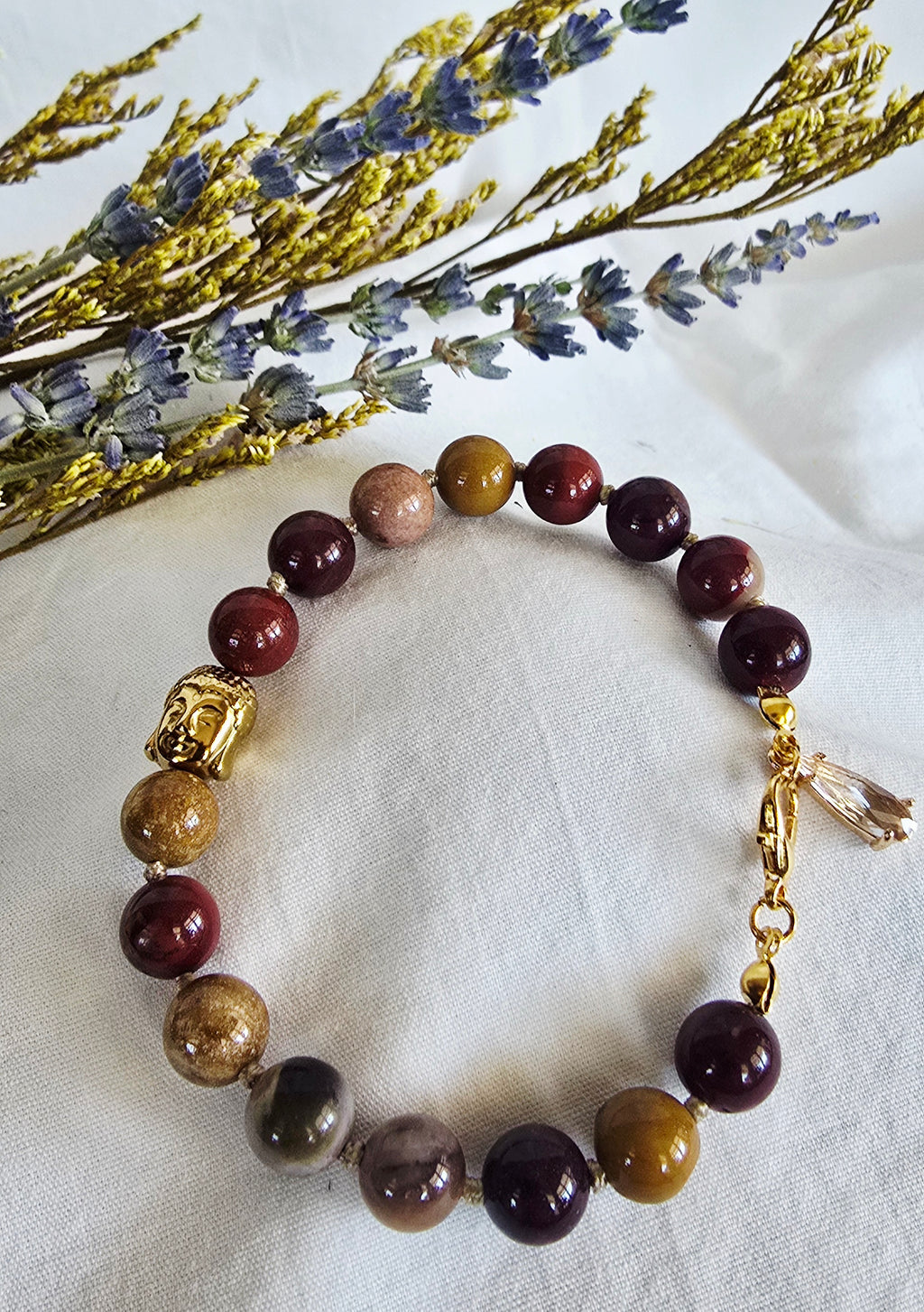 Hand-Knotted Mookaite Jasper Bracelet with Gold Buddha Charm