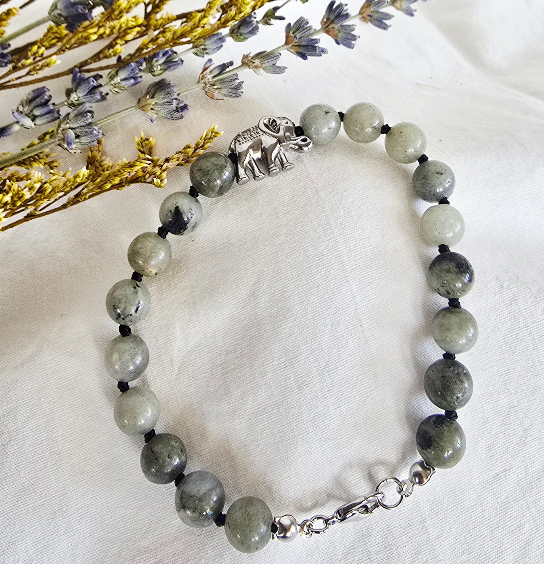 Hand-Knotted Labradorite Bracelet with Silver Elephant Charm