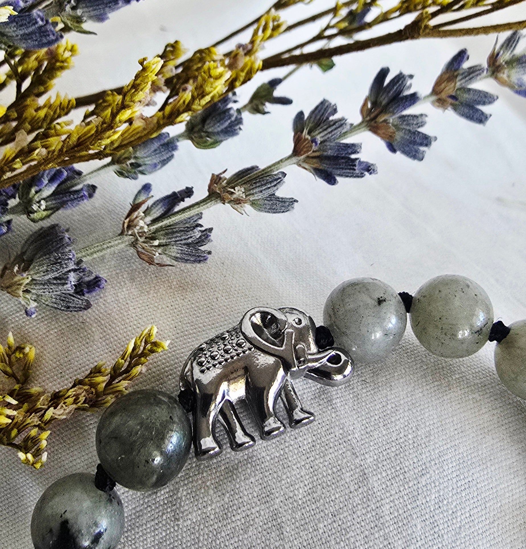 Hand-Knotted Labradorite Bracelet with Silver Elephant Charm
