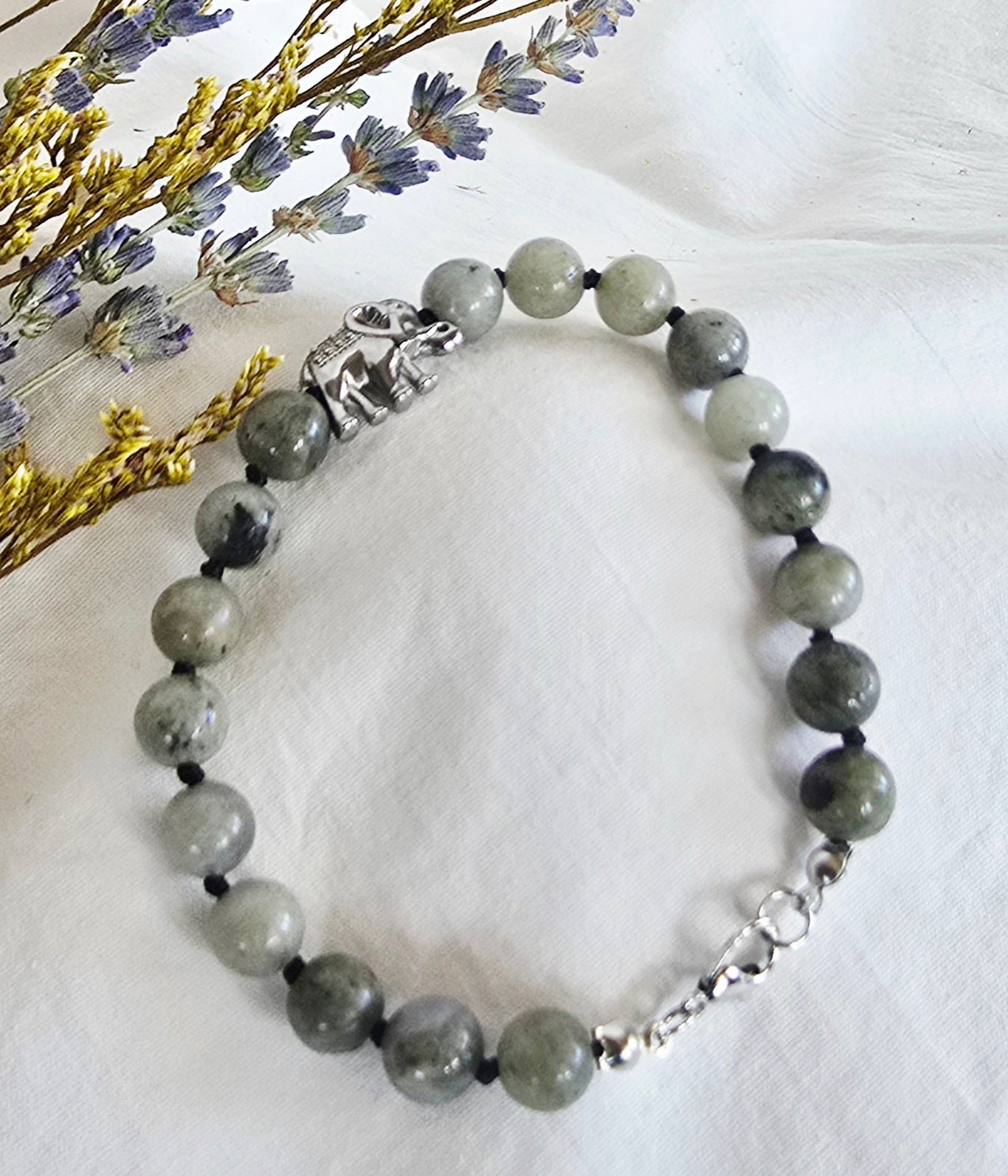 Hand-Knotted Labradorite Bracelet with Silver Elephant Charm