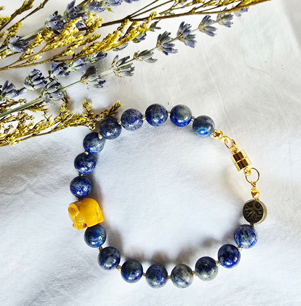 Golden Guardian - Lapis Lazuli Bracelet with Yellow Elephant Accent