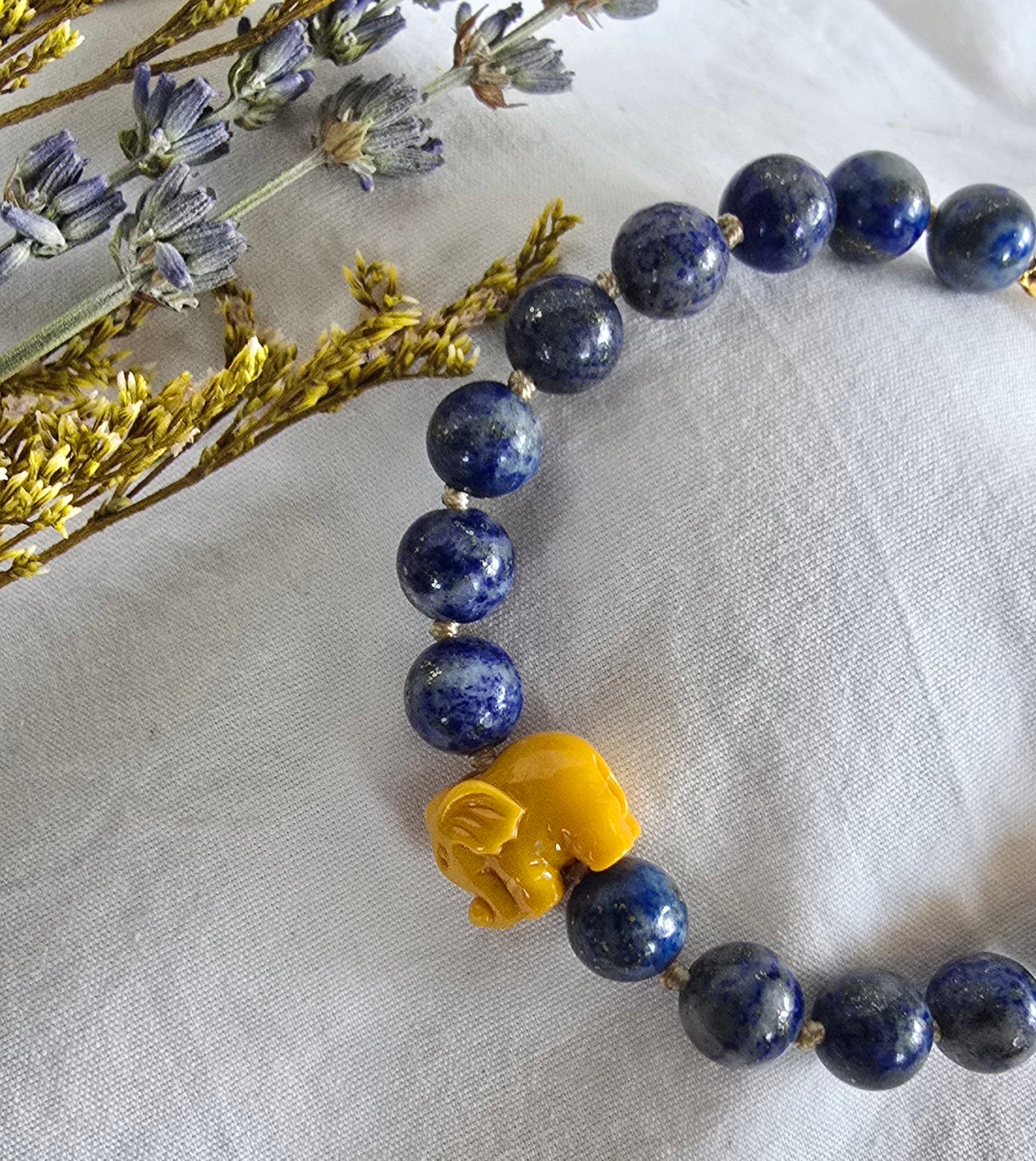 Golden Guardian - Lapis Lazuli Bracelet with Yellow Elephant Accent