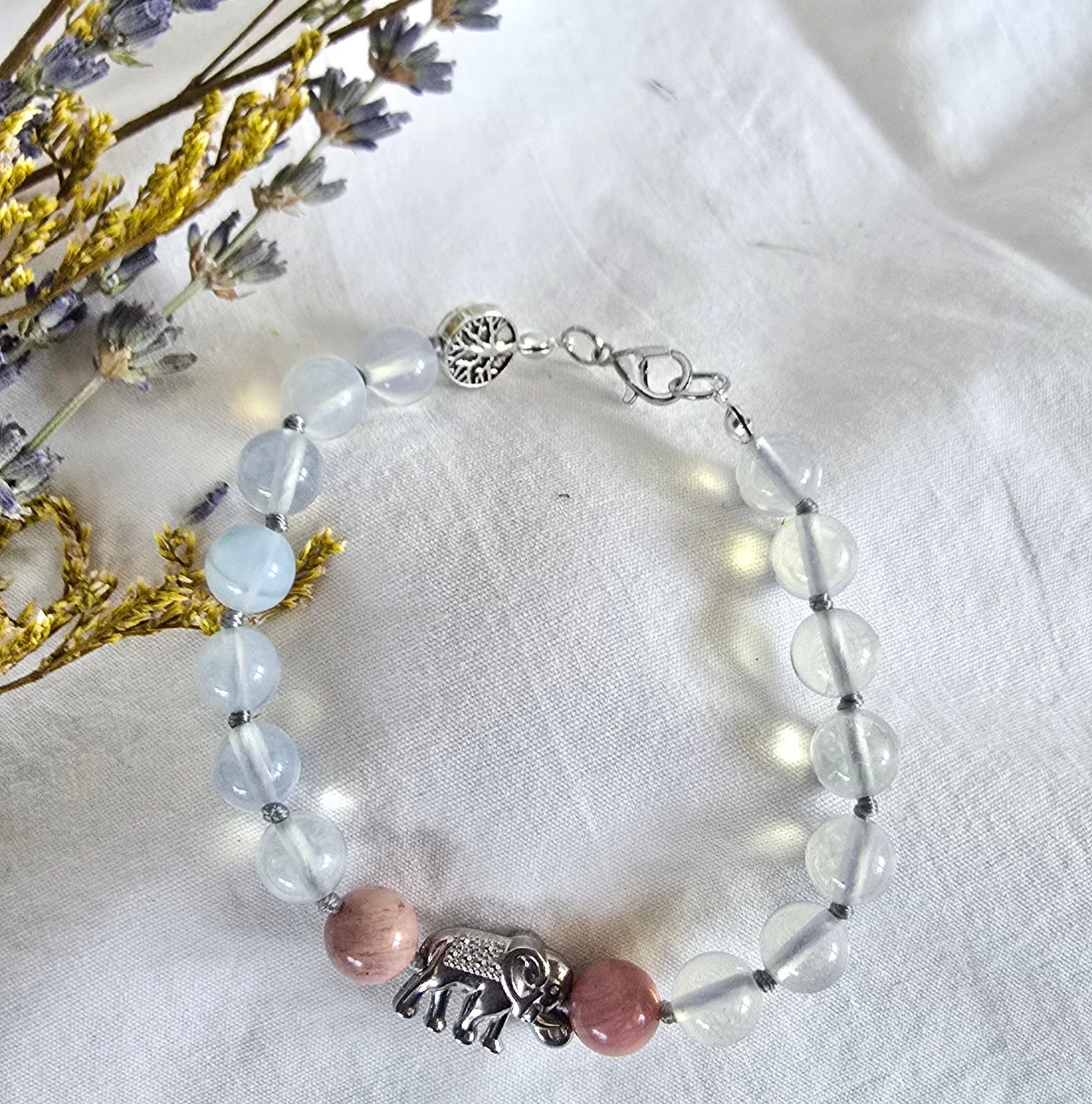 Gentle Strength - Opalite & Rhodonite Bracelet with Silver Elephant