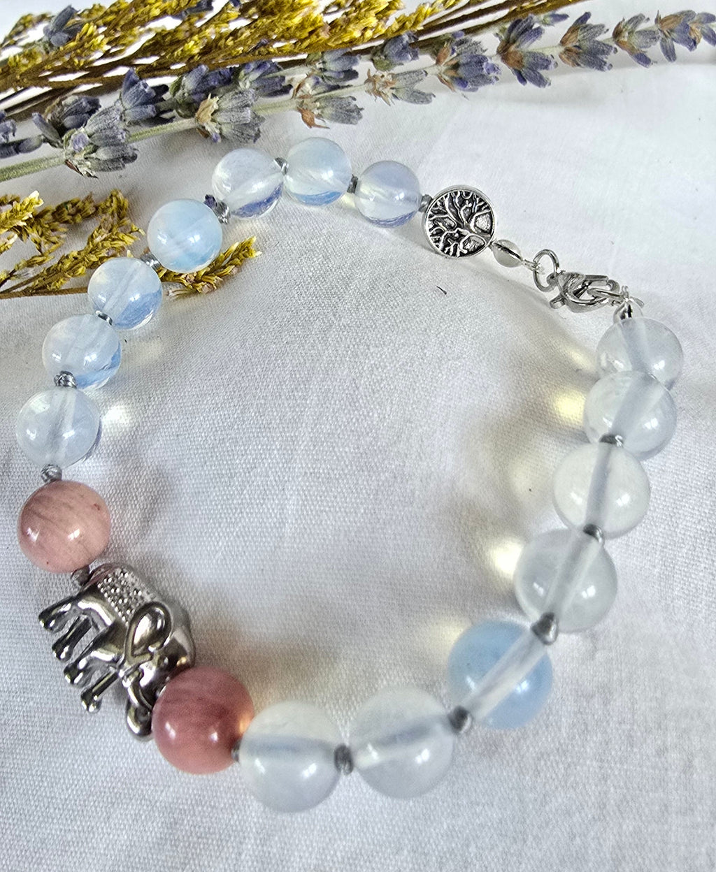 Gentle Strength - Opalite & Rhodonite Bracelet with Silver Elephant