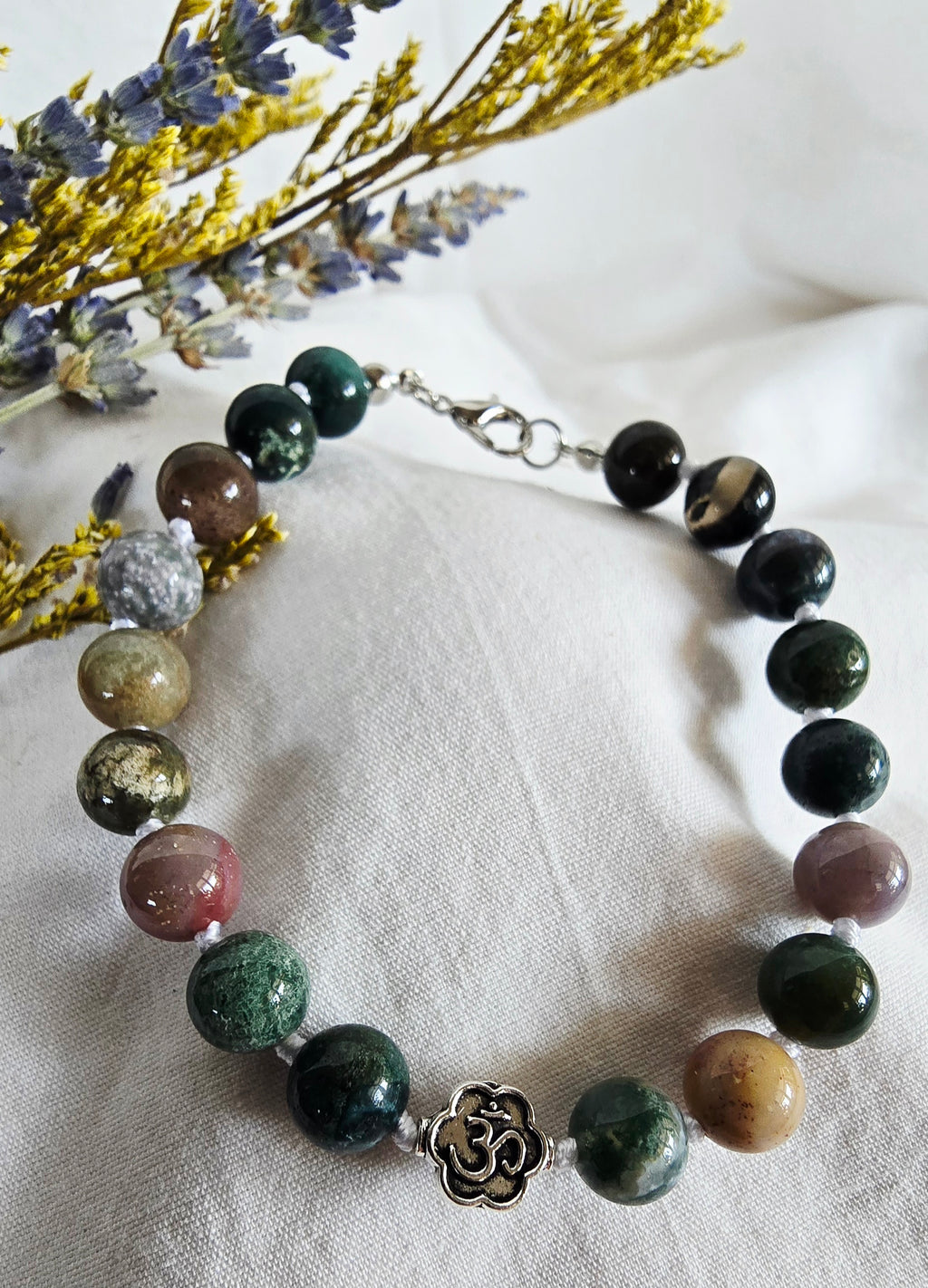 Rooted in Stillness - Moss Agate Bracelet with Silver Om Connector