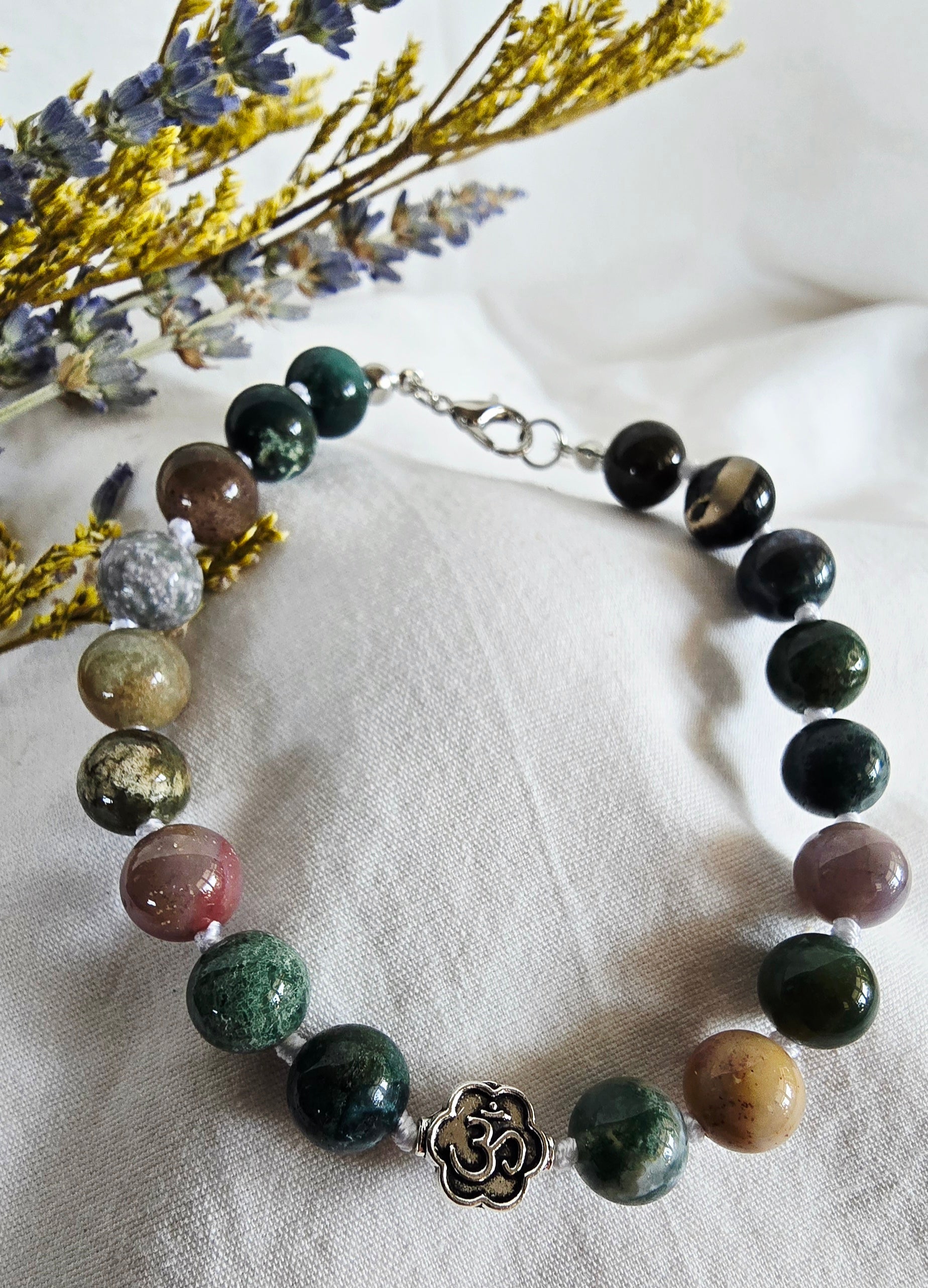 Rooted in Stillness - Moss Agate Bracelet with Silver Om Connector