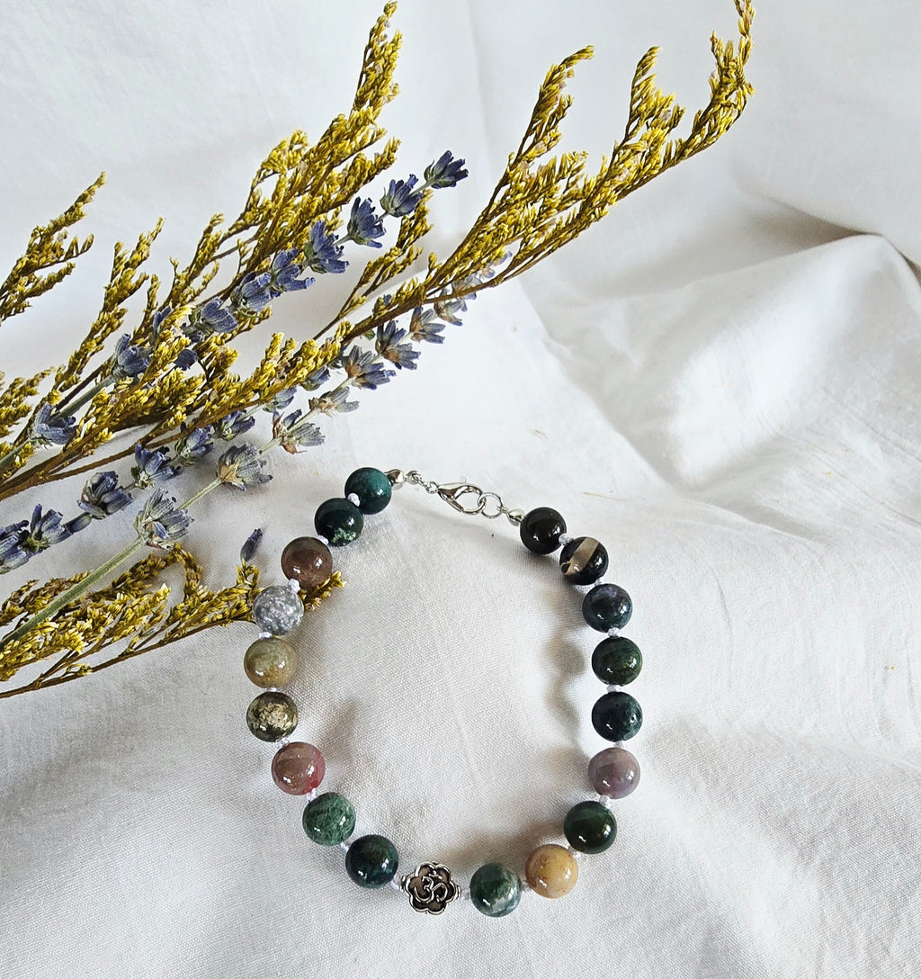 Rooted in Stillness - Moss Agate Bracelet with Silver Om Connector