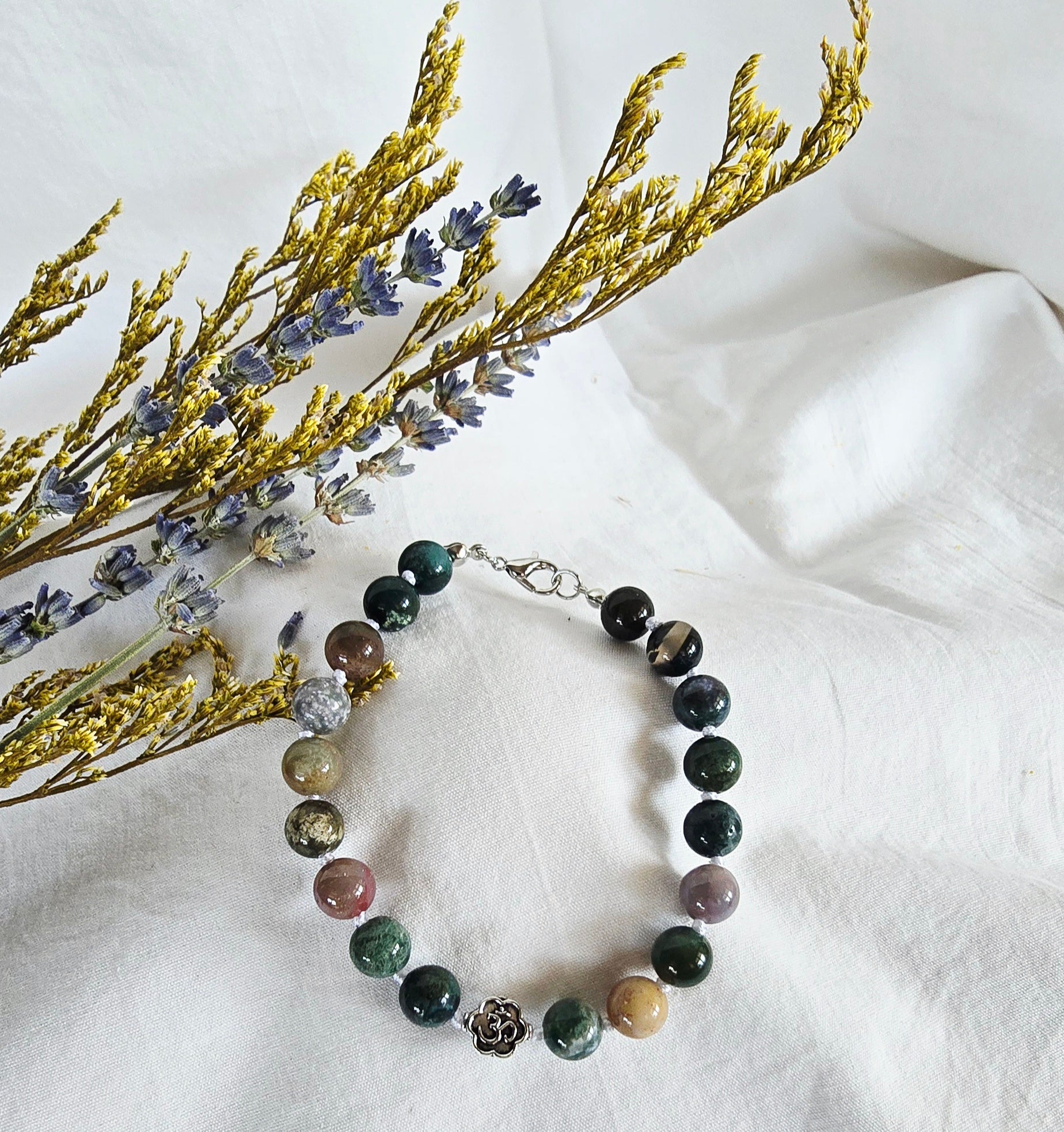 Rooted in Stillness - Moss Agate Bracelet with Silver Om Connector