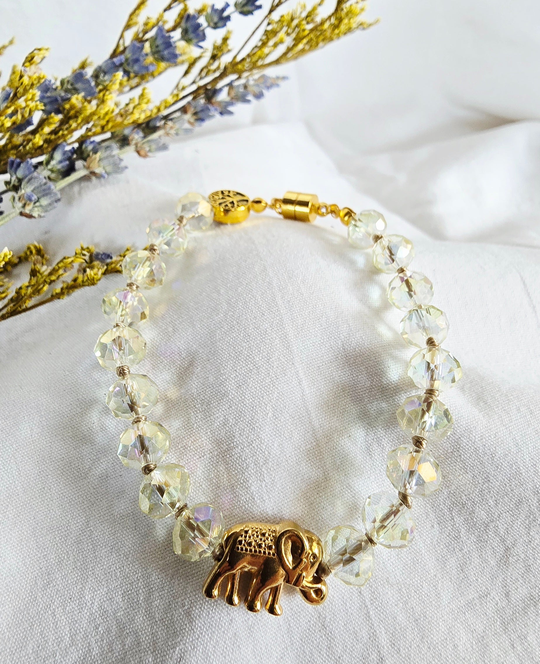 Guided by Light - Aurora Glass Bracelet with Gold Elephant