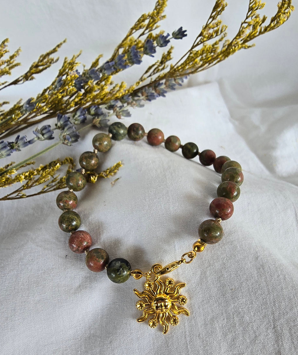 Solar Bloom - Unakite Bracelet with Golden Sun Charm