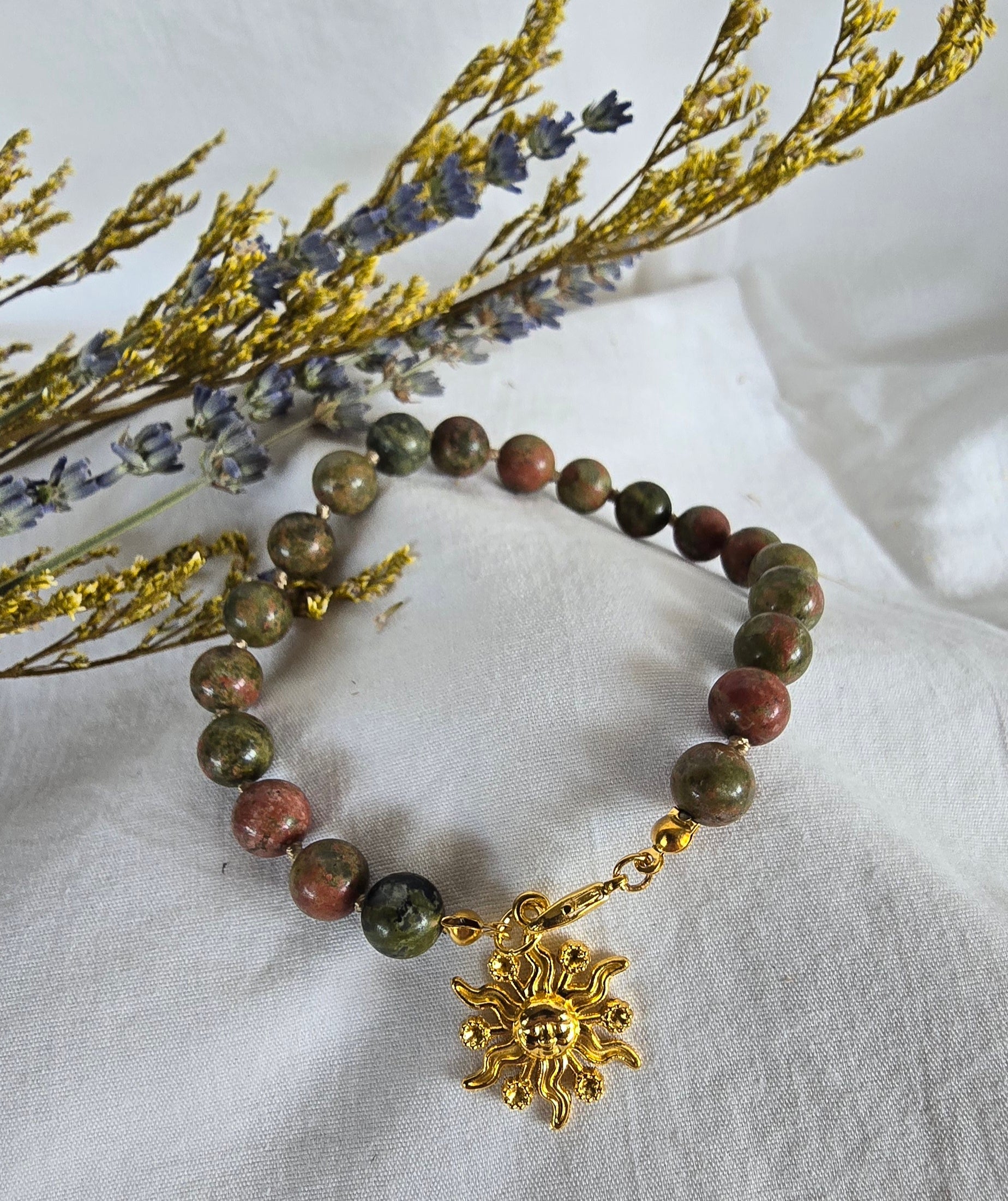 Solar Bloom - Unakite Bracelet with Golden Sun Charm