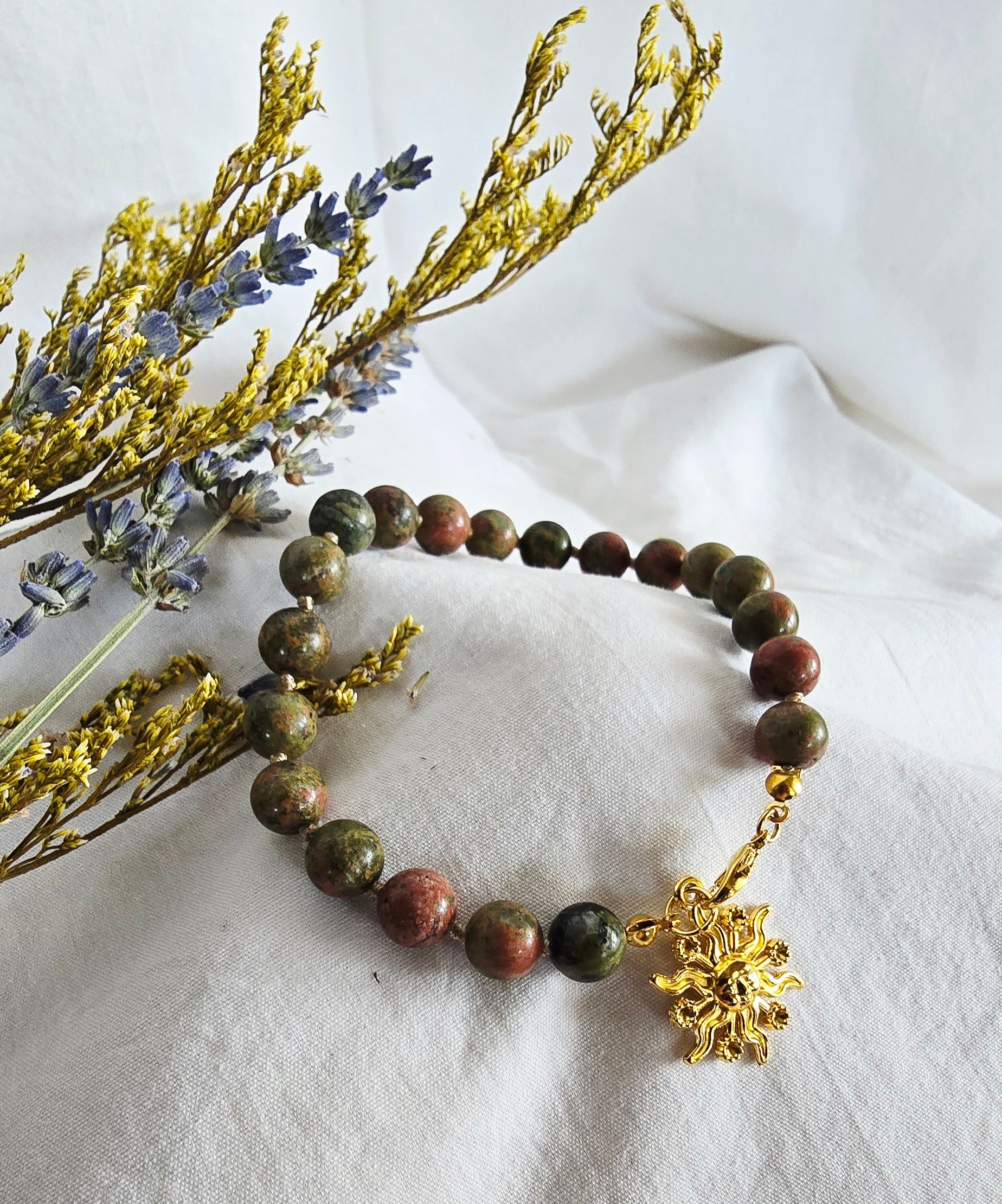 Solar Bloom - Unakite Bracelet with Golden Sun Charm