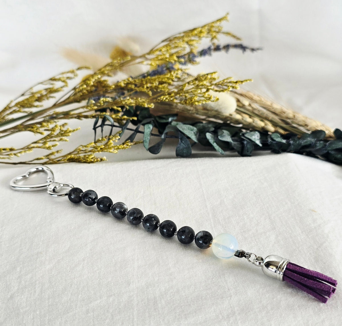 Pocket Pause Keychain | Labradorite + Moonstone Guru Bead