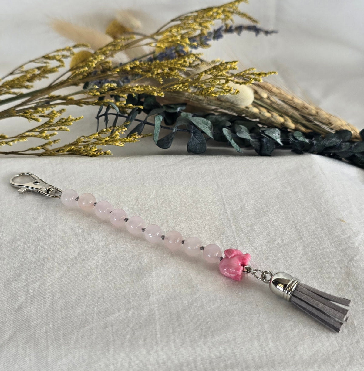 Pocket Pause Keychain | Rose Quartz + Pink Elephant