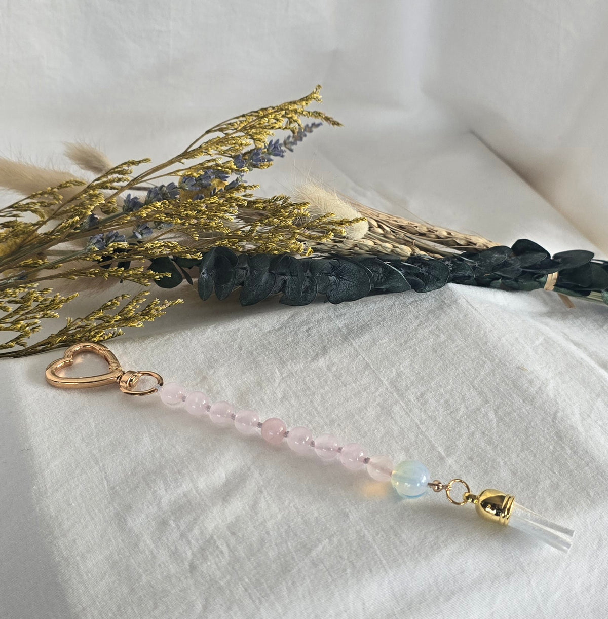 Pocket Pause Keychain | Rose Quartz + Opalite Guru Bead