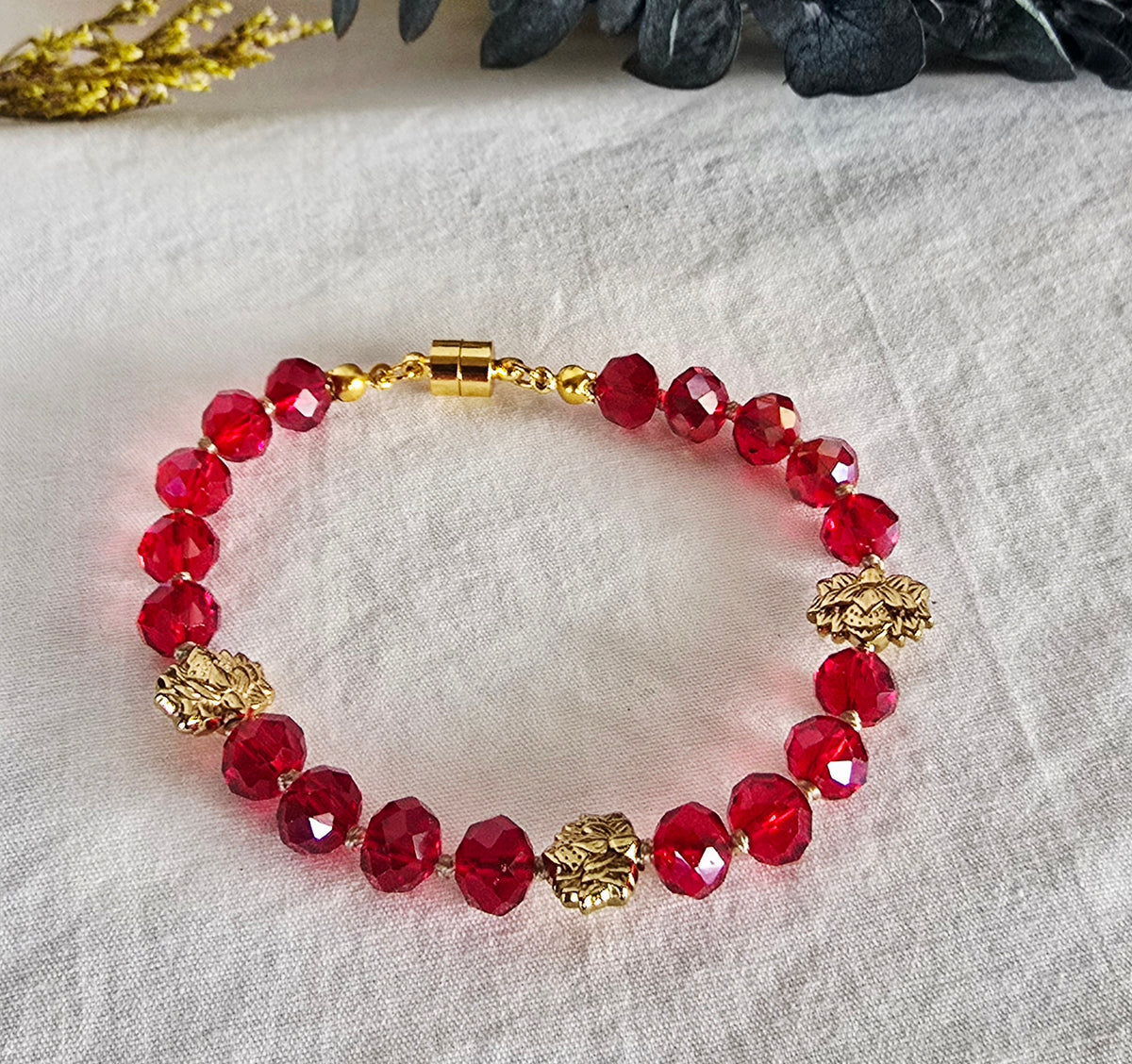 Crimson Radiance - Faceted Glass Crystal Bracelet with Gold Lotus Accents