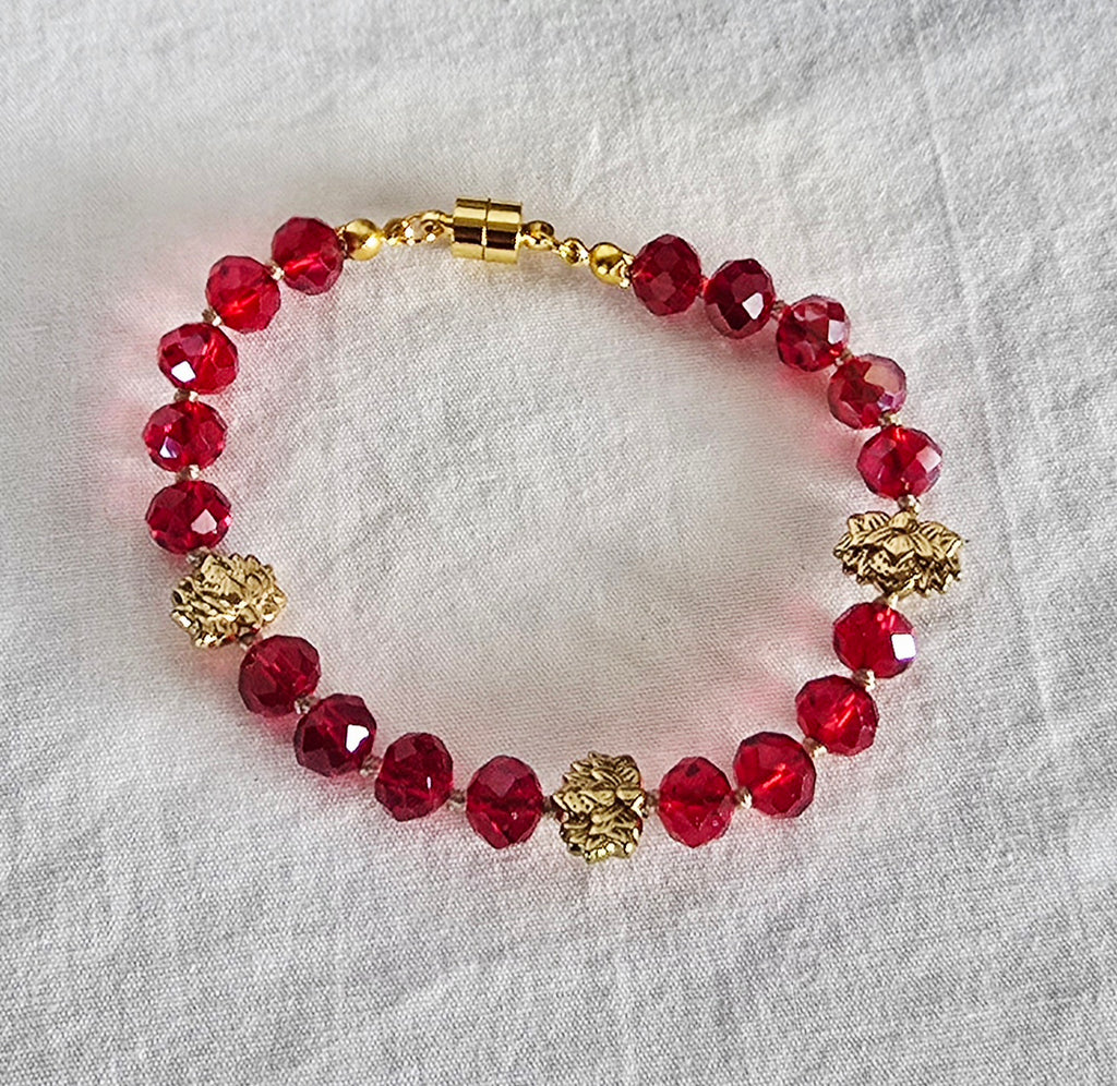Crimson Radiance - Faceted Glass Crystal Bracelet with Gold Lotus Accents