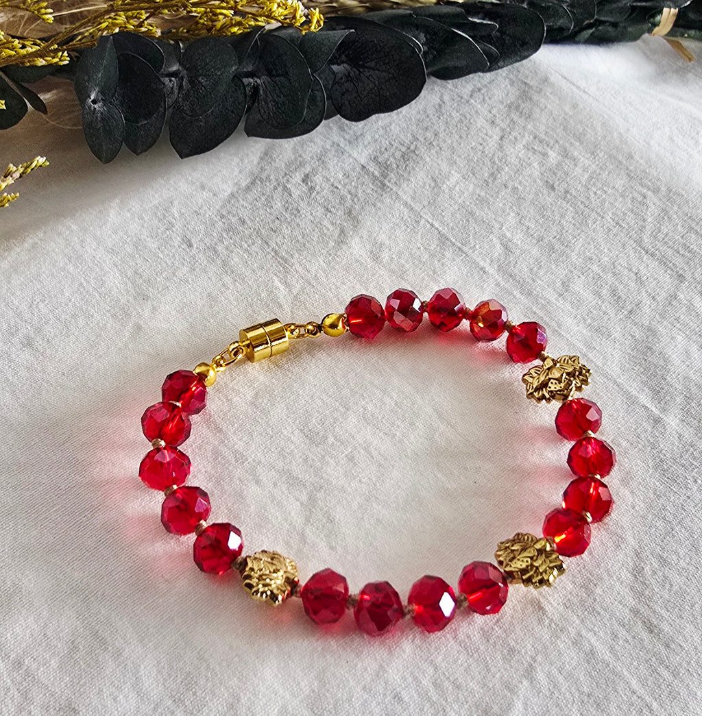 Crimson Radiance - Faceted Glass Crystal Bracelet with Gold Lotus Accents
