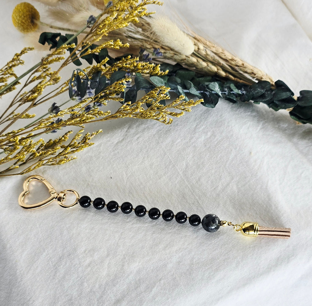Quiet Shield • Black Obsidian + Larvikite Pocket Pause Keychain