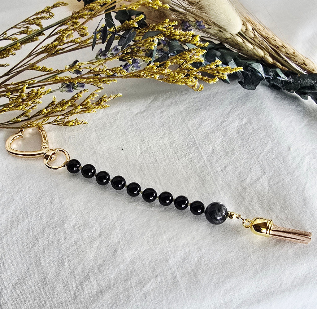 Quiet Shield • Black Obsidian + Larvikite Pocket Pause Keychain