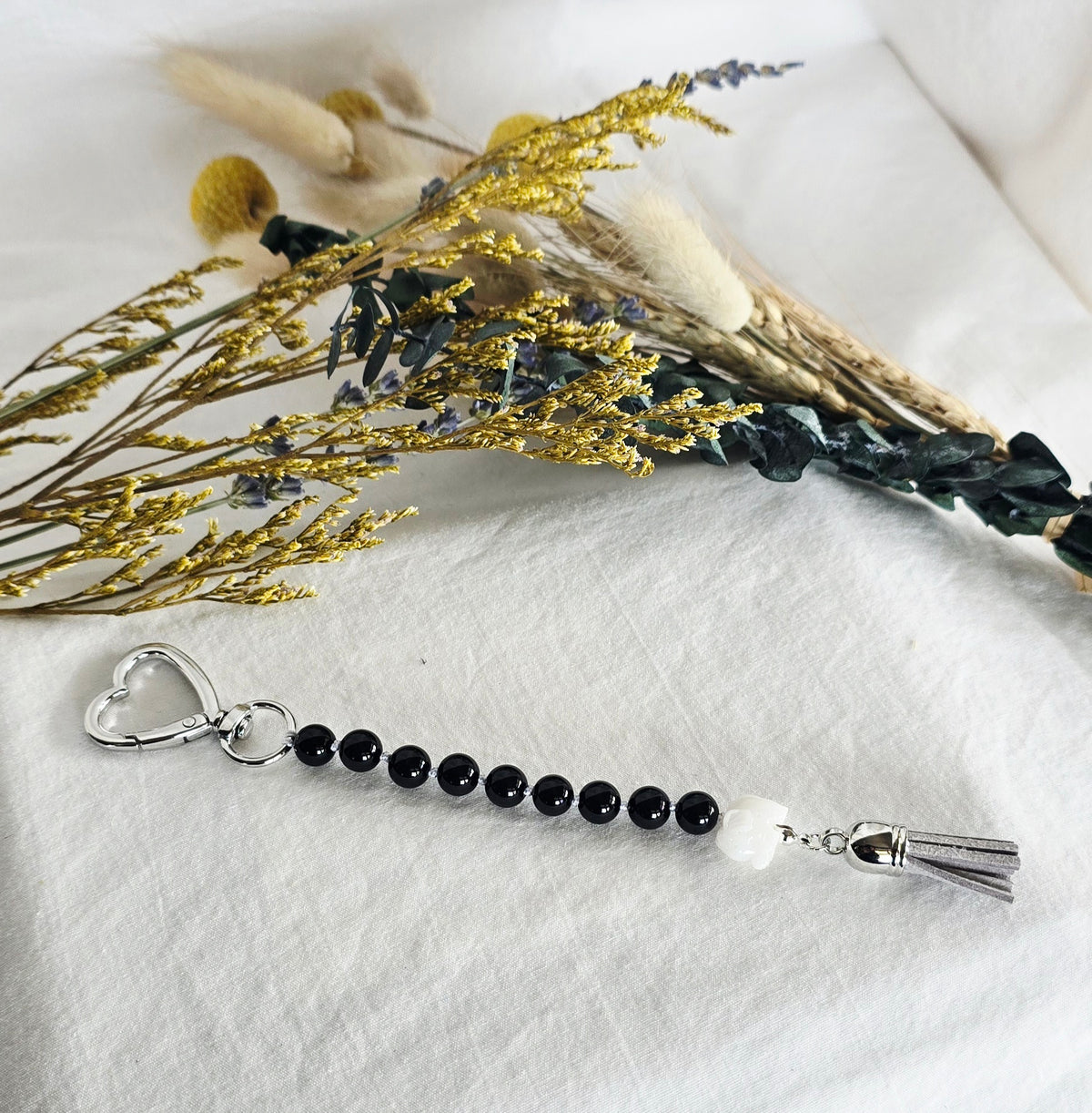 Protected Path • Black Obsidian + White Elephant Pocket Pause Keychain