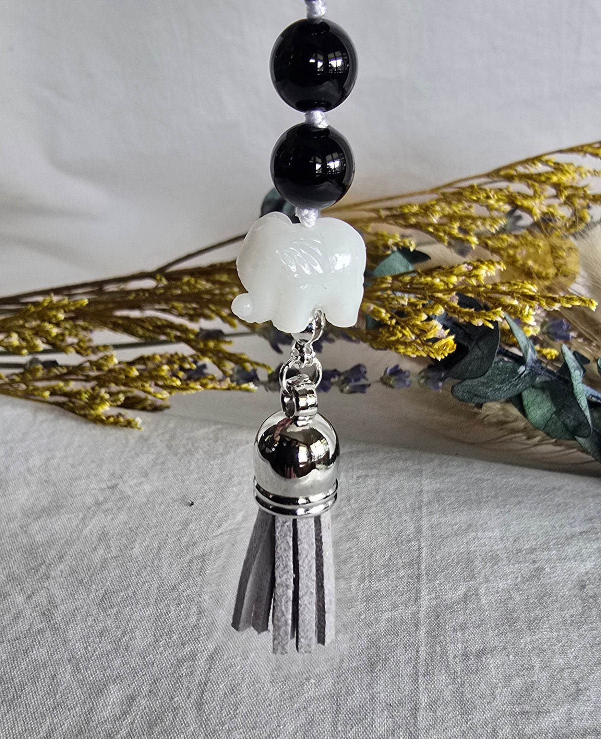 Protected Path • Black Obsidian + White Elephant Pocket Pause Keychain