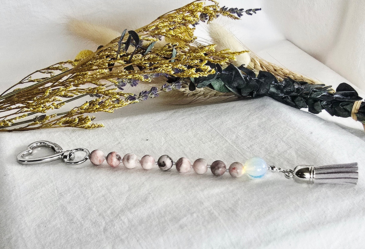 Soft Glow • Pink Zebra Jasper + Opalite Pocket Pause Keychain