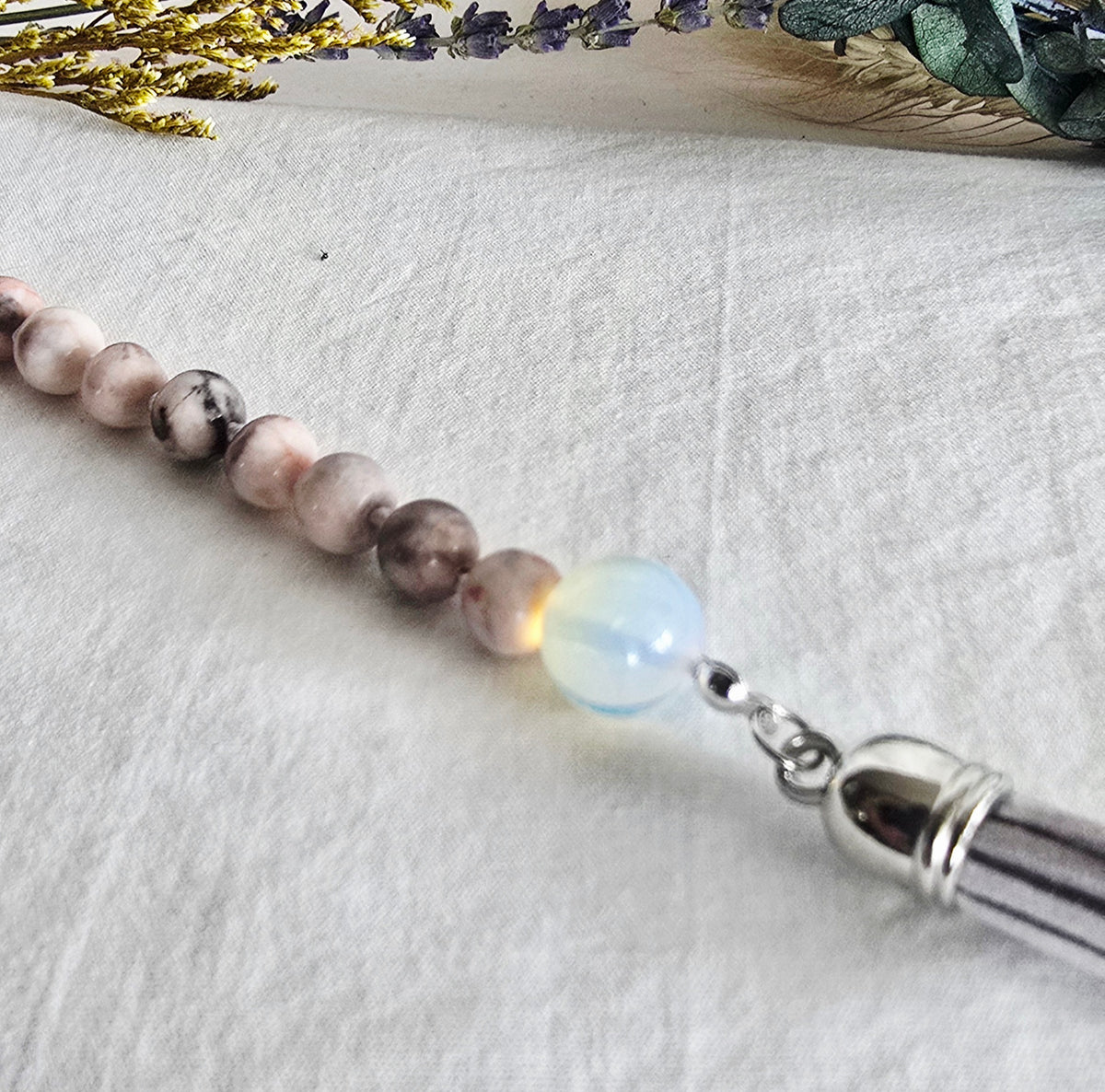 Soft Glow • Pink Zebra Jasper + Opalite Pocket Pause Keychain