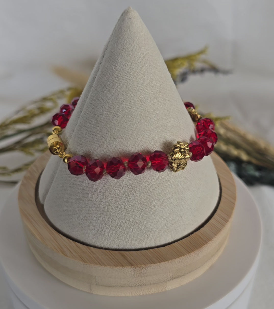 Crimson Radiance - Faceted Glass Crystal Bracelet with Gold Lotus Accents