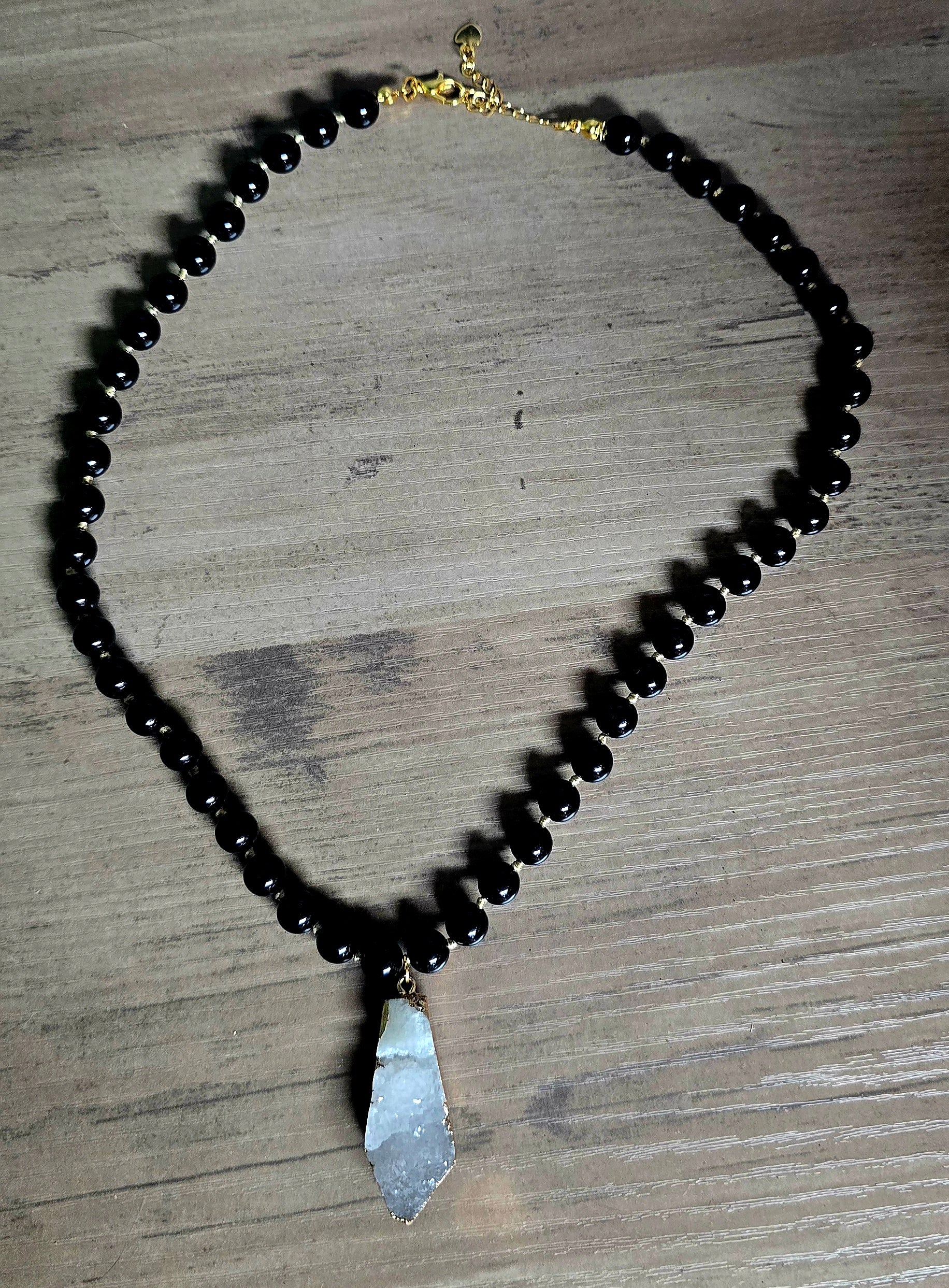 Hand-Knotted Necklace - Obsidian with Geode Pendant