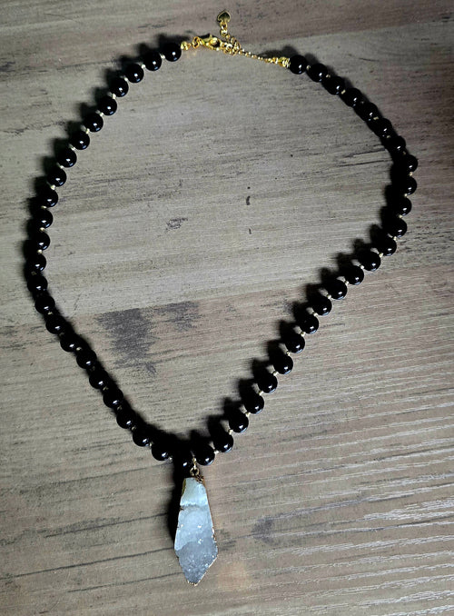 Hand-Knotted Necklace - Obsidian with Geode Pendant