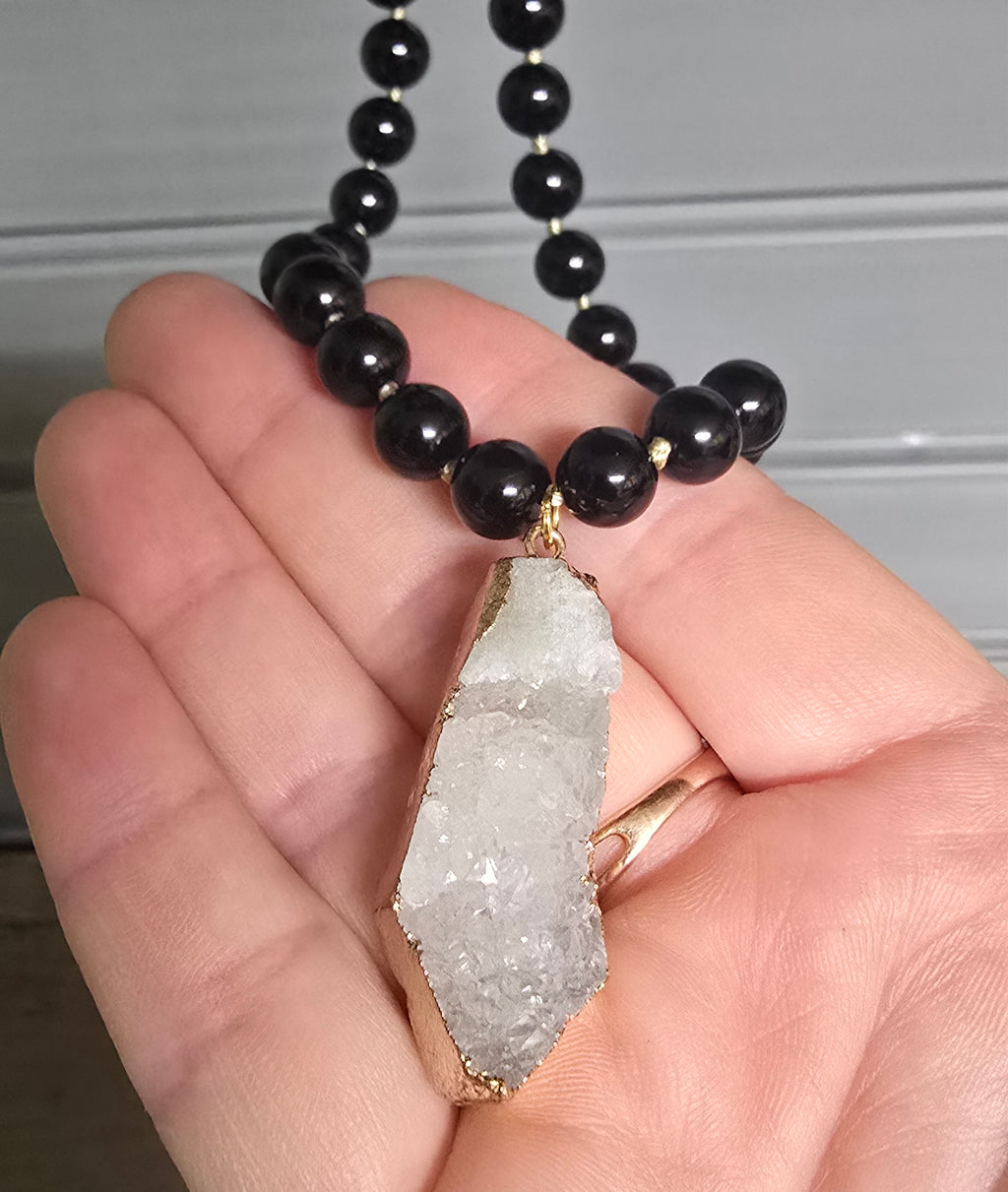 Hand-Knotted Necklace - Obsidian with Geode Pendant